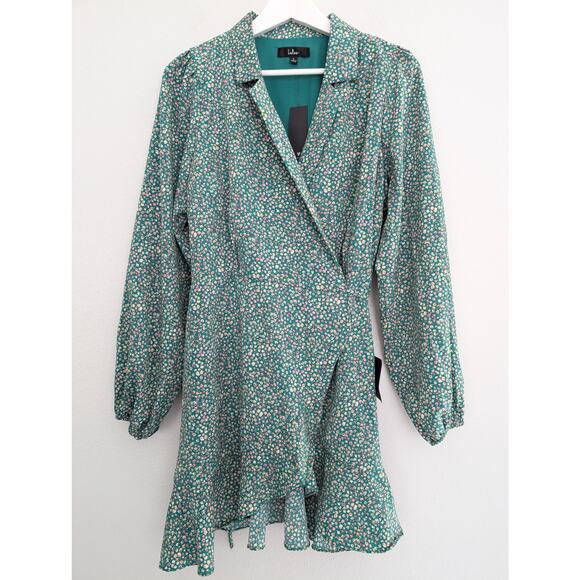 NWT Lulus Totally Cute Time Green Floral Collared Wrap Mini Dress Sz Large - Picture 2 of 7